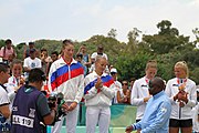 Deutsch: Beachvolleyball bei den Olympischen Jugendspielen 2018; Tag 11, 17. Oktober 2018; Mädchen, Medaillenzeremonie - Gold: Russland (Maria Woronina & Maria Botscharow), Silber: Italien (Claudia Scampoli & Nicol Bertozzi), Bronze: Norwegen (Emilie Olimstad & Frida Berntsen) English: Beach volleyball at the 2018 Summer Youth Olympics at 17 October 2018 – Girls Victory ceremony - Gold: Russia (Maria Voronina & Maria Bocharov), Silber: Italy (Claudia Scampoli & Nicol Bertozzi), Bronze: Norway (Emilie Olimstad & Frida Berntsen)