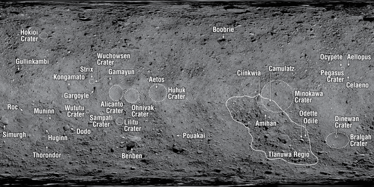 Map of Bennu showing the locations of the IAU-named surface features