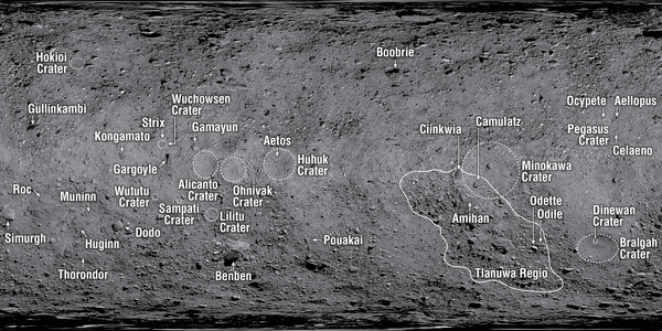 Map of Bennu showing the locations of the IAU-named surface features Bennu named surface features.png