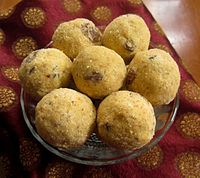 Besan (chickpea flour) laddus Besan Laddoo Sweets India cropped.jpg