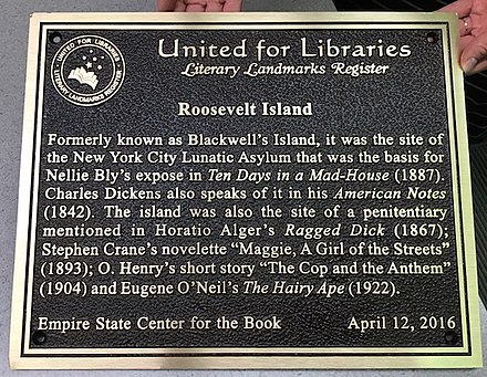 United for Libraries Literary Landmark on Roosevelt Island that mentions Bly's connection to the island