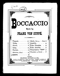 Cover page of Boccaccio, oder Der Prinz von Palermo (Boccaccio, or the Prince of Palermo) by Franz von Suppe in 1879. An example of early Viennese operetta. Boccaccio cover page.jpg