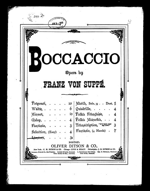 Cover page of Boccaccio, oder Der Prinz von Palermo (Boccaccio, or the Prince of Palermo) by Franz von Suppé in 1879. An example of early Viennese ope