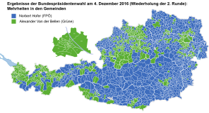 Results of the re-run of the second round of the election by state (left), district (centre) and municipality (right):   Norbert Hofer   Alexander Van der Bellen