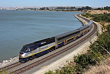 Capitol Corridor train along Pinole's coastline on San Pablo Bay Capitol Corridor Pinole.jpg