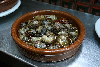 Cooked Spanish "caracoles a la madrilena", species Cornu aspersum Caracoles-Cascorro.jpg