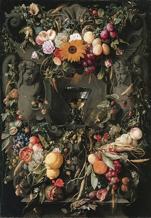 Cartouche with fruit and flowers and wine glass, by Jan Davidsz de Heem