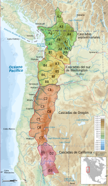 Mapa de las subdivisiones de la cadena de las Cascadas.