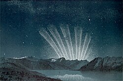 1744년 3월 8일, 일출 전 혜성의 꼬리가 수평선 위로 뻗어 올라간 모습.