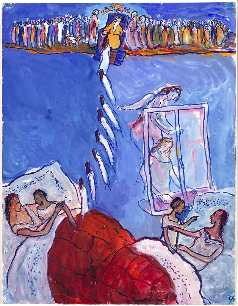 Un amadre con su hijo en una cama representada en una escena doble, sobre fondo azul unas figuras suben cortando en cuadro en dos a unirse con otras