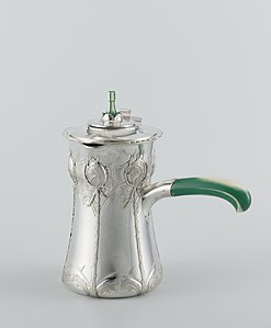 Chocolate pot with a molinet (stirring rod) by Lucien Bonvallet made of silver, ivory and palmwood (c. 1900)