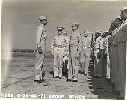 Colonel Robert Selway reviews members of the 618th Bombardment Squadron at Atterbury Air Field in Indiana in 1944. Col Robert R Selway 1944.jpg