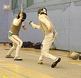 A fencing match at the University of Kent Collegiate fencing 01.jpg