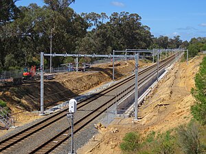 Construction of the Lakelands railway station, October 2021 04.jpg