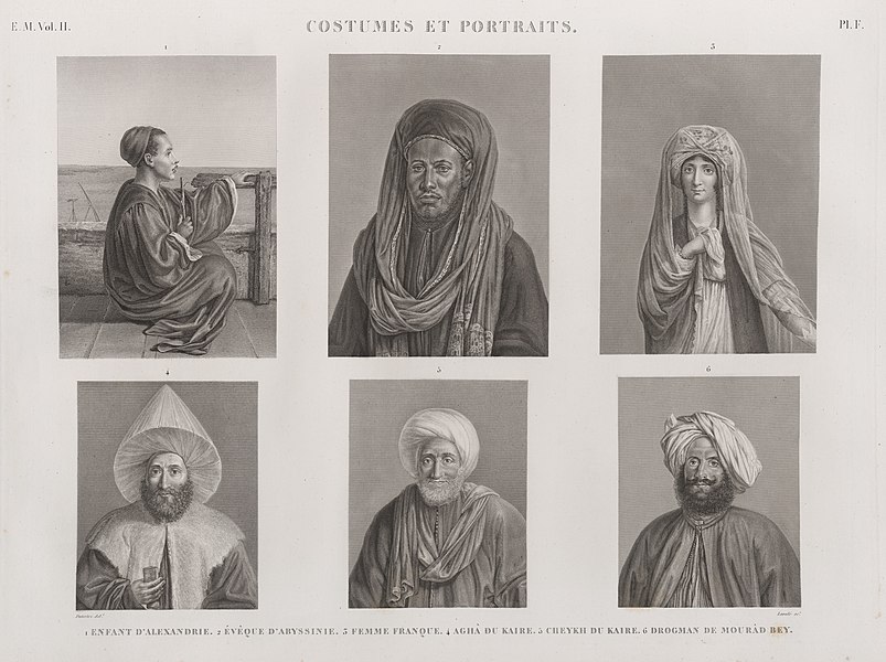 Pl.F - 1. Enfant d'Alexandrie; 2. Évêque d'Abyssinie; 3. Femme Franque; 4. Aghâ du Kaire; 5. Cheykh du Kaire; 6. Drogman de Mourâd Bey