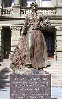 Statue of Esther Hobart Morris in front of the Wyoming State Capitol DSCN5264 wyomingcapitolmorrisstatue e.jpg