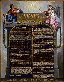 Picture of a painting; the painting is of a written declaration; there are two human images to the left and right; it says 