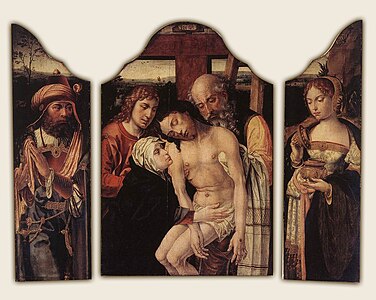 The Deposition - טריפטיכון של הצייר הפלמי פיטר קואק ואן אלס (אנ') ‏(1535) במוזיאון אמסטלקרינג (OLHOS) (אנ') באמסטרדם