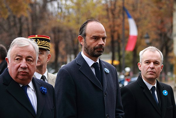 Philippe (centre) with Senate President Gérard Larcher (left) and then-National Assembly President François de Rugy (right) on Armistice Day, 11 Novem