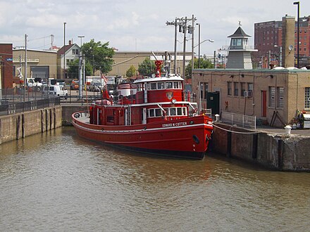 When the Edward M. Cotter is not fighting a fire, visiting a local festival or boat show, or on winter icebreaking duty, it can be seen moored at its slip in the Cobblestone District, at the foot of the Michigan Avenue Lift Bridge.