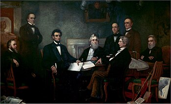First Reading of the Emancipation Proclamation of President Lincoln by Francis Bicknell Carpenter, showing Lincoln and several members of his cabinet in 1864 Emancipation proclamation.jpg