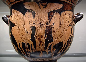 Eos in her chariot flying over the sea, red-figure krater from South Italy, 430–420 BC, Staatliche Antikensammlungen, Munich.