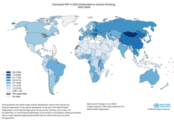 Percentage of cancer cases that were caused by drinking alcohol by country. Estimated 2020 Population attributable fraction (PAF) of cancers attributable to alcohol drinking, both sexes Estimated-paf-in-2020-attributable-to-alcohol-drinking-both-sexes.png