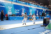 Deutsch: Fechten bei den Olympischen Jugend-Sommerspielen 2018: Tag 1, 7. Oktober 2018, Jungen, Säbel, Viertelfinale - Krisztián Rabb (HUN) - Antonio Heathcock (GER) 15:11 English: Fencing at the 2018 Summer Youth Olympics at 7 October 2018 – Boys' sabre Quarterfinals – Krisztián Rabb (HUN) Vs Antonio Heathcock (GER) 15:11