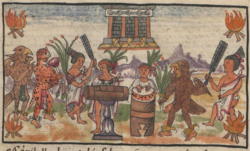 Celebrations held for the coronation of emperor Moctezuma II of Mexico in the Duran Codex. Fiestas de la coronacion de Moctezuma II, en el folio 158v.png