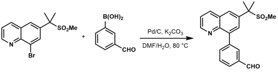 Scheme 1. Pd/C catalyzed cross coupling performed on 2.5 kg scale in 85% yield with <10 ppm residual Pd following filtration and DMF washing. Fig10 scheme.png