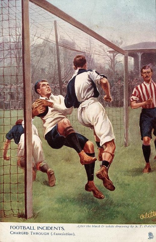 A goalkeeper (left, wearing a white shirt) being charged by a rival player (1905)