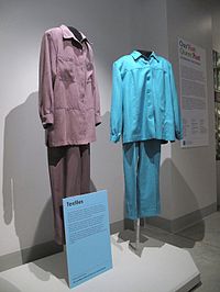 Pantsuits worn by Del Martin and Phyllis Lyon to their weddings in San Francisco in 2004 and 2008; on display at the GLBT History Museum. GLBTHistoryMuseum.WeddingPantsuits12 10.jpg