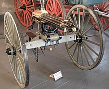 An 1876 Gatling gun kept at Fort Laramie National Historic Site Gatling gun.jpg