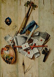 Cornelis Norbertus Gijsbrechts, Trompe l'oeil with violin, painter's implements and self-portrait