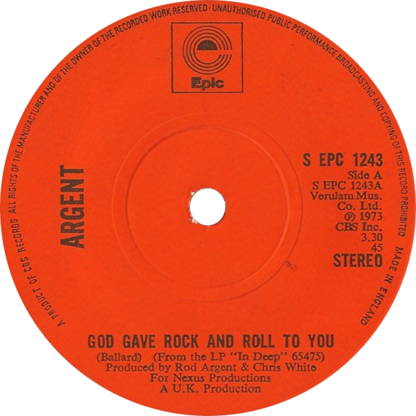 File:God Gave Rock and Roll to You by Argent UK single side-A orange 1970s Epic logo.webp