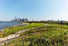 A view of the new parklands. Manhattan's Financial District is visible in the distance.