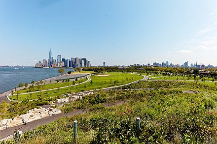 A view of the new parklands. Manhattan's Financial District is visible in the distance.
