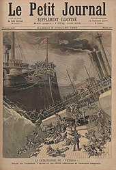 Artistic rendering of the collision between Victoria and Camperdown as it appeared in a French illustrated weekly HMS Victoria collision 1893.jpg