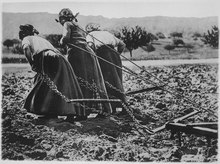 Tre donne che tirano un aratro per arare il terreno.