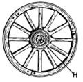 The classic spoked wheel with hub and iron rim, in use from about 500 BC (Iron Age Europe) until the 20th century AD
