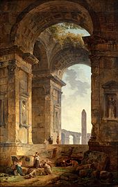 Hubert Robert - Uzakta dikilitaş bulunan harabeler - Google Art Project.jpg