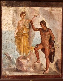Andromède à gauche debout sur un rocher. Persée, nu, lui tient le bras de la main droite et a la tête de Méduse attachée au bras gauche.)