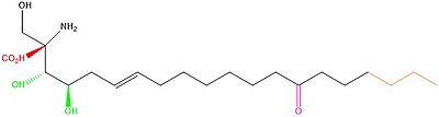 Illustration 1: The parent compound ISP-1 (myriocin). The coloured groups represent the structural changes that were made to the compound to synthesize fingolimod. ISP1mod.jpg