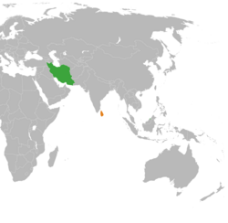 Map indicating locations of Iran and Sri Lanka