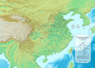 Provinces and commanderies in 219 AD, the penultimate year of the Han dynasty Jian'an Commanderies.png