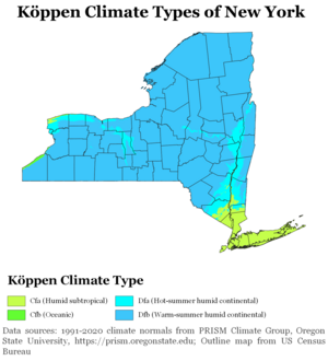 Köppen climate types of New York, using 1991-2020 climate normals and using −3 °C (27 °F) isotherm to distinguish C and D climate zones.