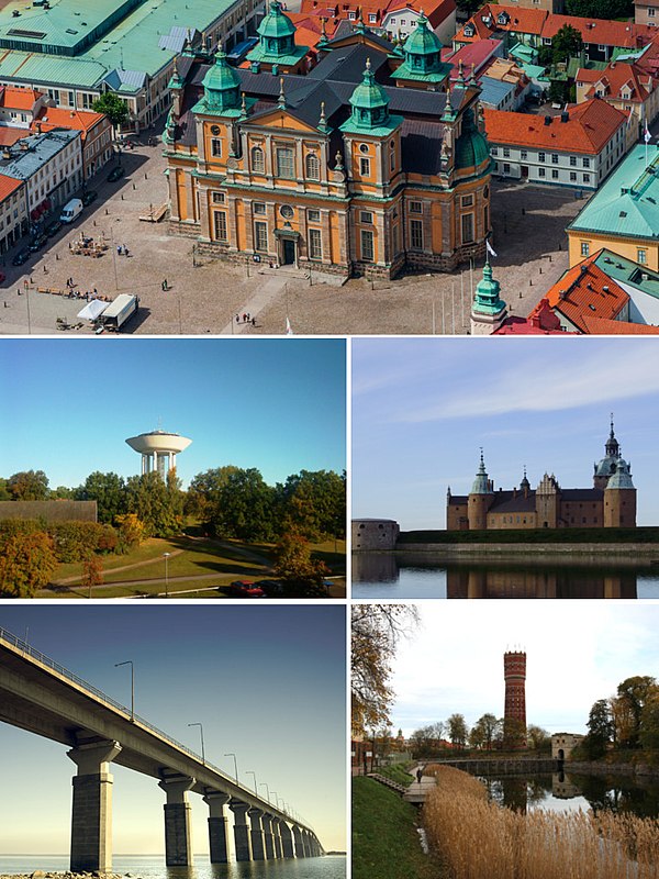 Clockwise from top: aerial view of the Kalmar Cathedral, Kalmar Castle, the old water tower in central Kalmar, Öland Bridge and the water tower in Ber