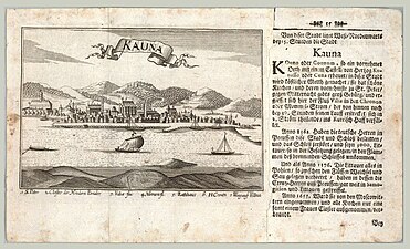 Панорама и описание города Каунаса (в тексте книги — Kauna, Kouno и Counum) из книги Якоба Коппмайера Theatrum cosmograhico historicum tertium… Аугсбург, 1686 г.