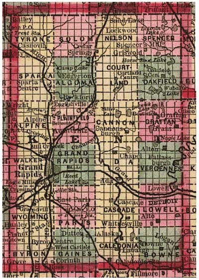 Figure 3. Kent County, Michigan in 1885 as a PLSS example, showing 24 named townships and sectional subdivisions.