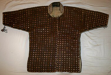 Kusari and karuta katabira. An armored jacket made with over 2000 leather (nerigawa) armor squares connected to each other by chain armor (kusari) .